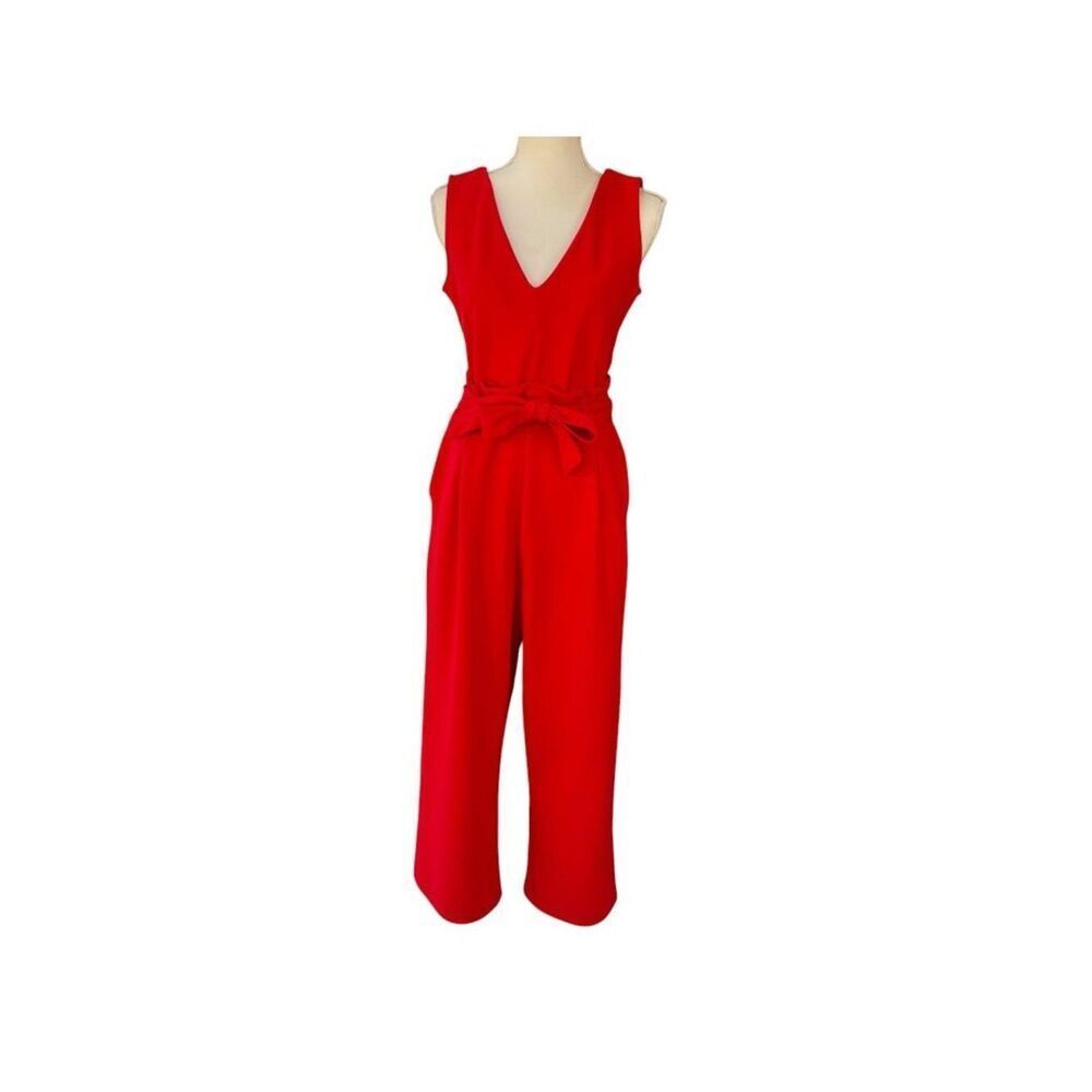 Anthropologie Cathy Structured Sleeveless Belted Jumpsuit V-neck Red Size Small